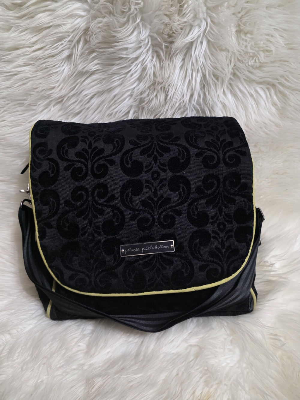 Petunia Pickle Bottom Black Damask Messenger Bag with Lime Trim